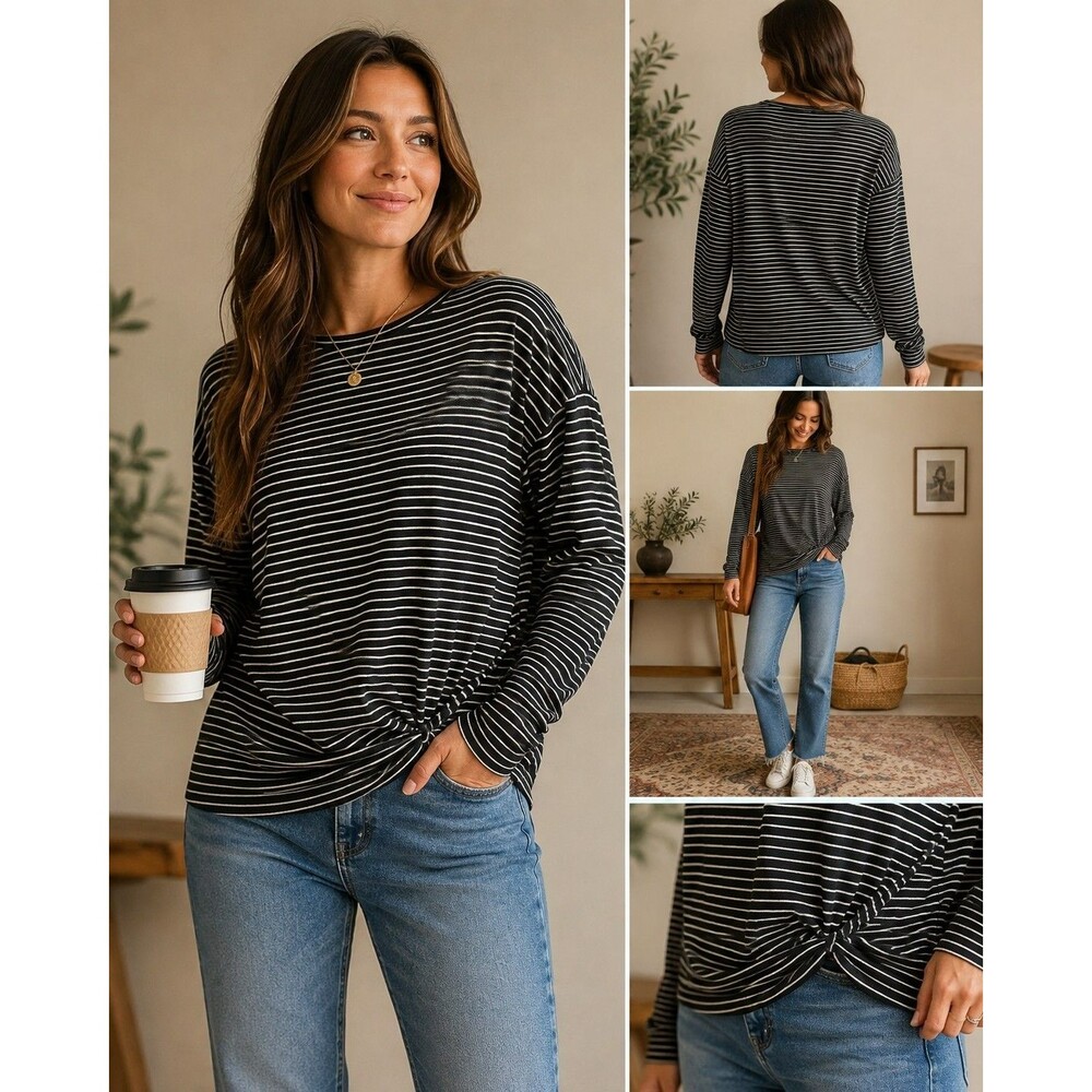 Umgee USA Black & Ivory Striped Side Knot Long Sleeve Top Size Medium